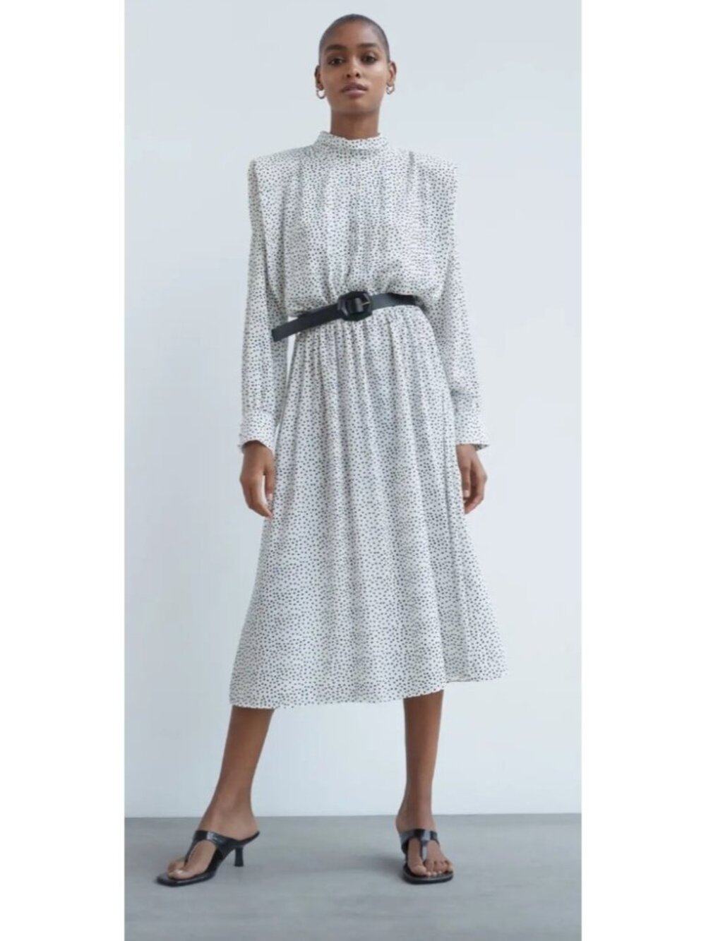 ZARA Polka Dot Midi Dress XS White Black High Neck Long Sleeve Elastic Waist